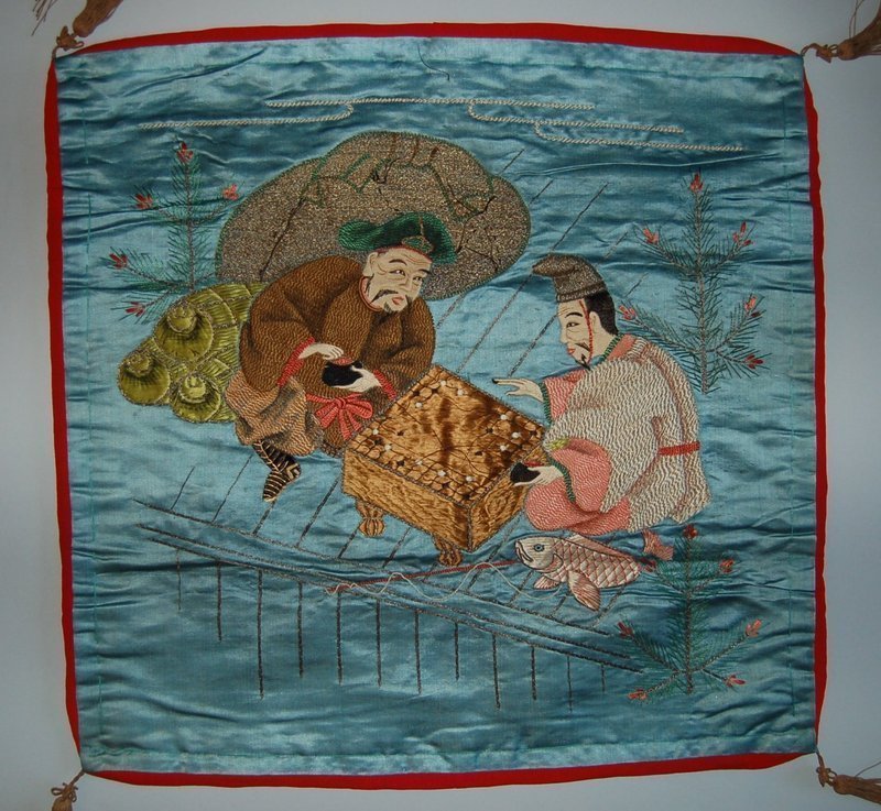 Embroidered silk fukusa cover,Ebisu Daikoku New Year, Japan 19th c