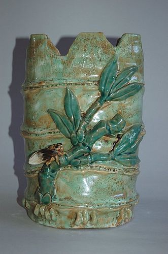 Flower vase in shape of bamboo segment with cicada, Japan, 1970s