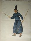 Hand-painted watercolor, Chinese man with two rods, England or France