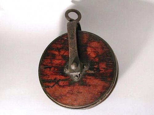 Pulley for a water well, keyaki wood, copper and iron, mingei, Japan