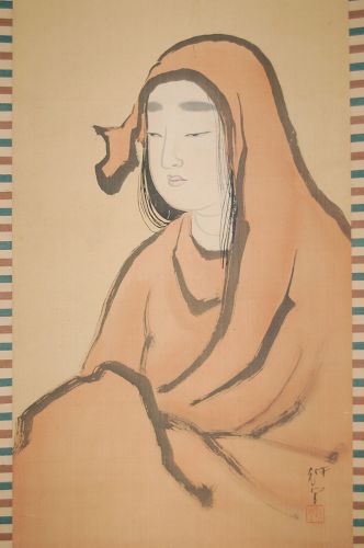 Hanging scroll, Onna Daruma portrait, Taisho era Japan
