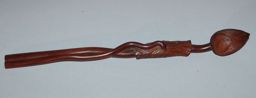 Antique nyoi scepter, naturalistic lotus bud and leaf, wood, Japan