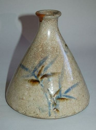 Ceramic sake bottle tokkuri, bamboo decor, Ofukei or Seto ware, Japan