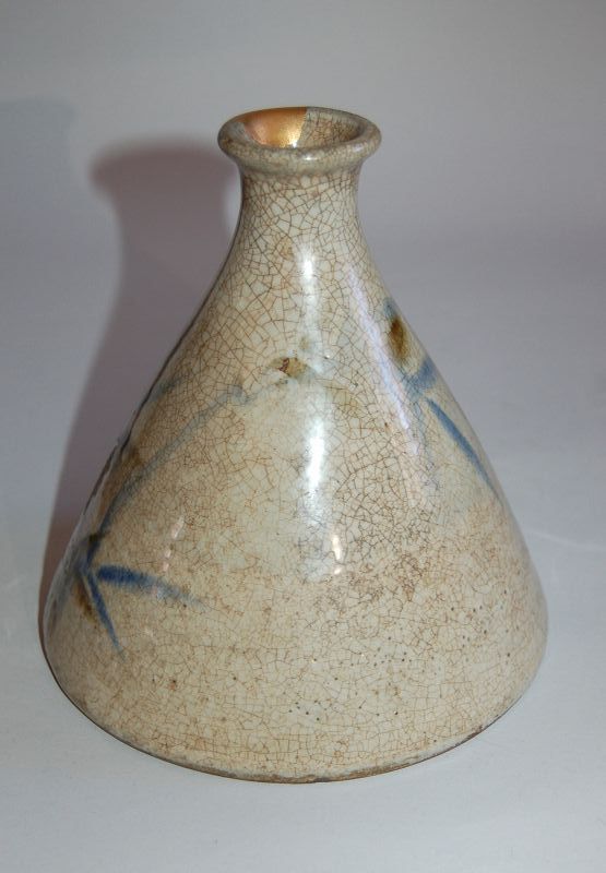 Ceramic sake bottle tokkuri, bamboo decor, Ofukei or Seto ware, Japan