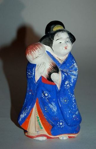 Ceramic erotic statue of Okame with matsudake mushroom, mingei, Japan