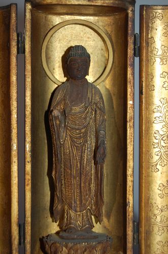 Zushi, Buddhist shrine, wooden Amida Buddha on lotus dais, Japan