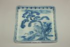 Porcelain square bl/w dish, cranes under pine tree by the sea, Japan