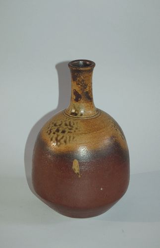 Ceramic tokkuri sake bottle, Bizen ware with yellow ash glaze, Japan