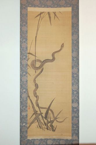 Hanging scroll, black ink painting on silk, snake and bamboo, Japan