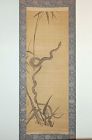 Hanging scroll, black ink painting on silk, snake and bamboo, Japan