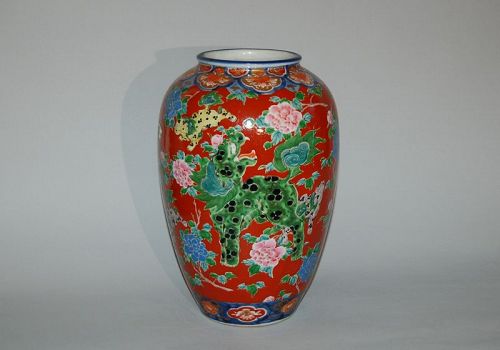 Tall vase, karashishi lion dogs and peonies, Imari porcelain, Japan