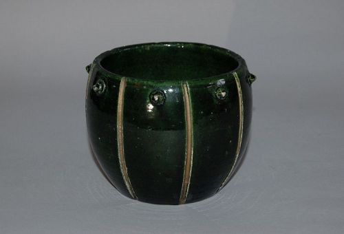 Ceramic chawan tea bowl in drum shape, green Raku ware, Kyoto, Japan