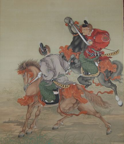 Hanging scroll painting, horse racing, by Shogai Tani Hidemasa, Japan