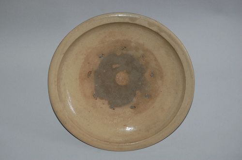 Ishizara stoneware platter, yellow and pinkish glaze, Seto ware, Japan