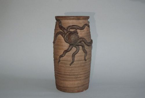 Stoneware storage jug with crawling octopus, Seto ware, antique, Japan