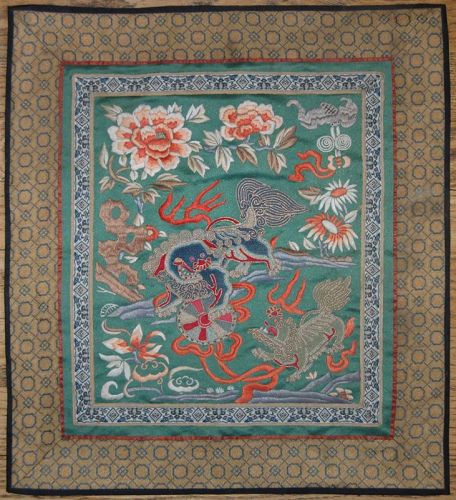 Silk & gold embroidery, two foo lion dogs playing, bat, peonies, China