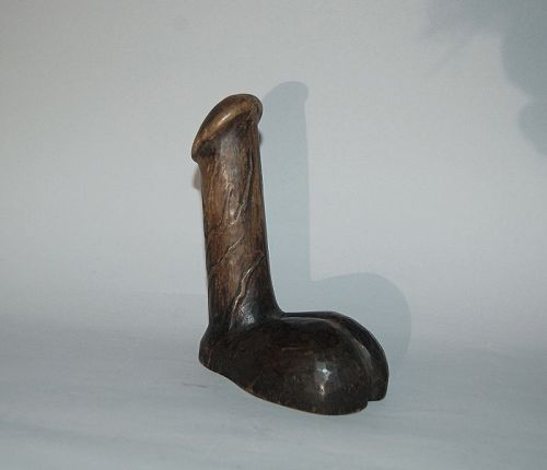 Wooden votive phallus with large testicles, woman’s genitals, Japan