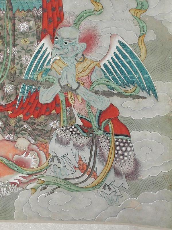 Scroll painting, Buddha on dragon fish, China, 18th c.
