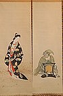 Pair scroll paintings, oni & bijin, Kason, Japan 20. c