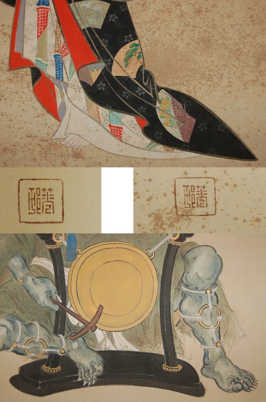 Pair scroll paintings, oni &amp; bijin, Kason, Japan 20. c