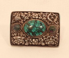 Tibetan Buddhist repousse silver and turquoise buckle v8