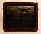 Japanese orotone photograph of Itsukushima Shrine at sea