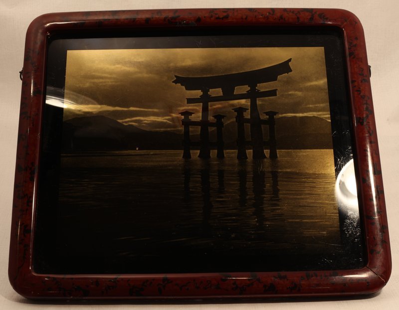 Japanese orotone photograph of Itsukushima Shrine at sea