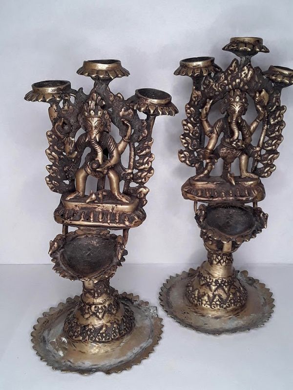 Himalayan lost wax cast bronze temple oil lamps with Ganesha v5