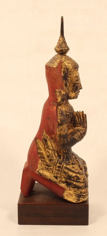 Thailand 19th c wood lacquer and gilt figure  kneeling attendant v5