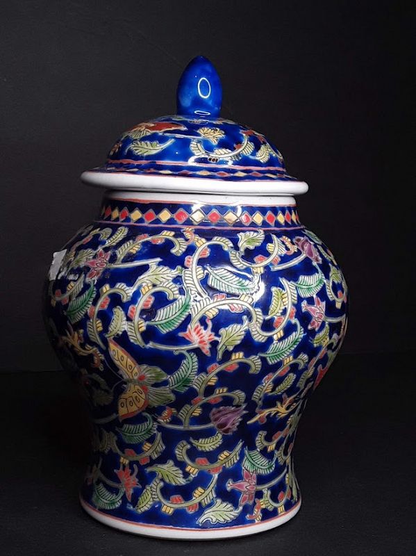Chinese lidded enamel decorated urn with butterflies
