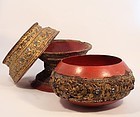Burmese Shan 3 piece gold Lacquer Temple offering bowl on stand