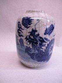 Chinese crackle glazed vase with a cobalt blue dragon