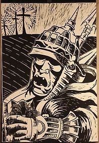 Modern Art black and white wood block print Soldier with a cat