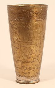 Antique Indian Tinned Bronze tall cup with etched Palace designs