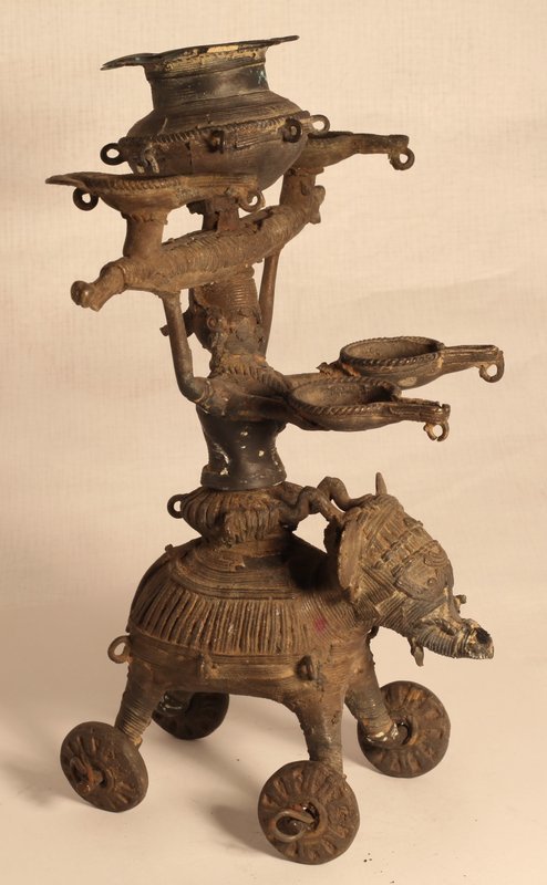 19thc Orissa lost wax oil lamp figure of an Elephant and Rider