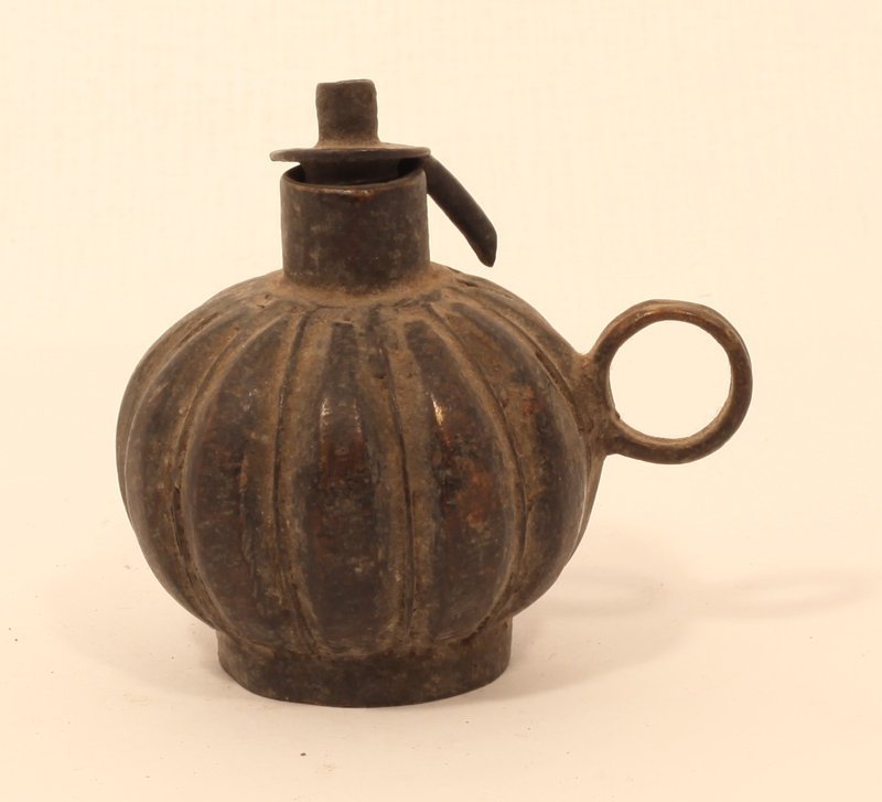 Antique Orissa village lost wax cast ball shaped oil lamp, mid 19th c