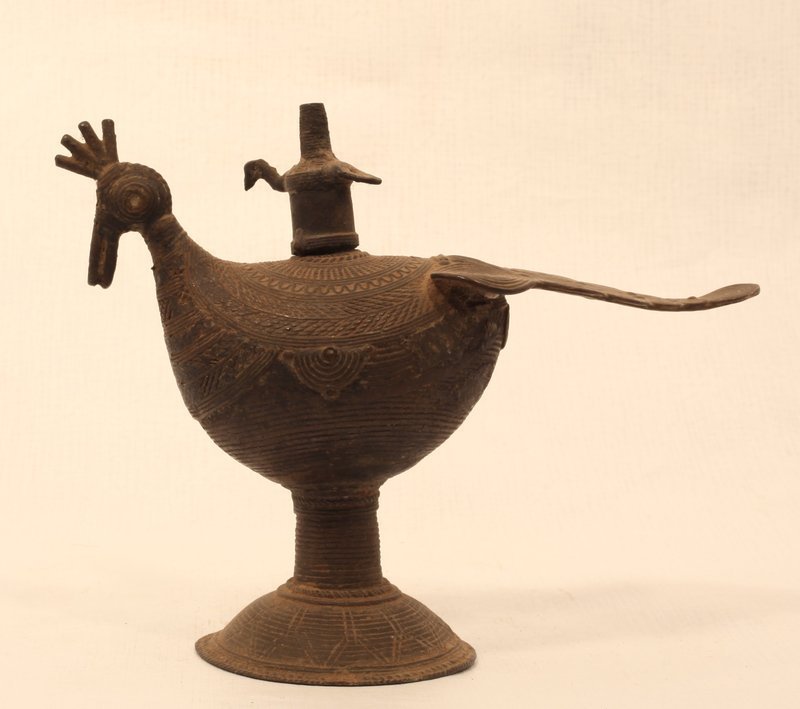 India 19th c Orissa lost wax cast bronze peacock oil lamp