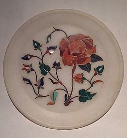 Pietra dura grand tour white marble inlaid plate with flowers