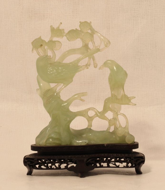 Vintage Chinese Bowenite green stone carving of Birds on Tree Branches