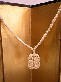 Antique  Chinese carved OX Bone Necklace with beads and Pendant