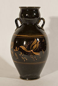 Vintage Chinese Brown and Rust Glazed Lug Handled Vase