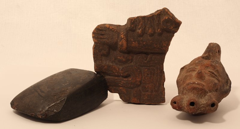 Pre Columbian Veracruz Terracotta Fragment with a Celt and oil lamp