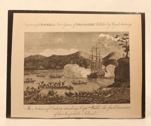 Engraving "The natives of Otaheite Attacking Capt Wallis" C1780