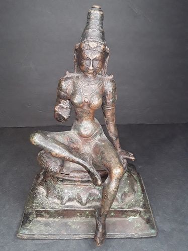 Hindu Pallava style Bronze seated statue of Parvati