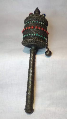 Antique Asian Silver metal and Coral Turquoise Prayer Wheel v6