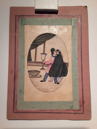 Qajar Miniature Watercolor of a Couple in a Palace