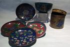 Antique Chinese cloisonne tobacco jar and coasters