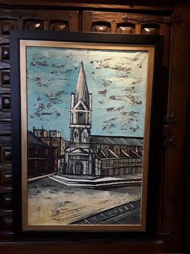 Mid Century Oil on canvas Attb Bernard Buffet Notre Dame