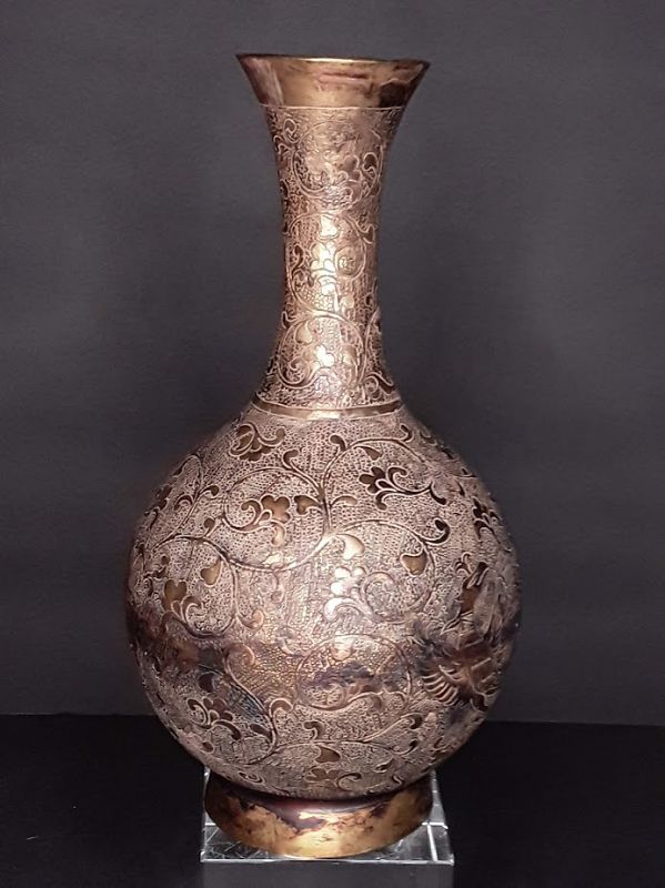 Tang Dynasty Style hand tooled metal vase with Phoenix and florals