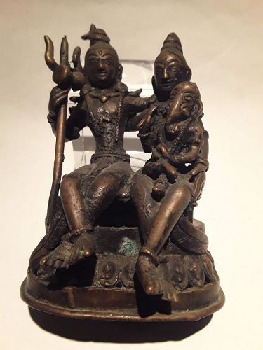 India 19th c Bronze group Shiva Parvati and Ganesha v8
